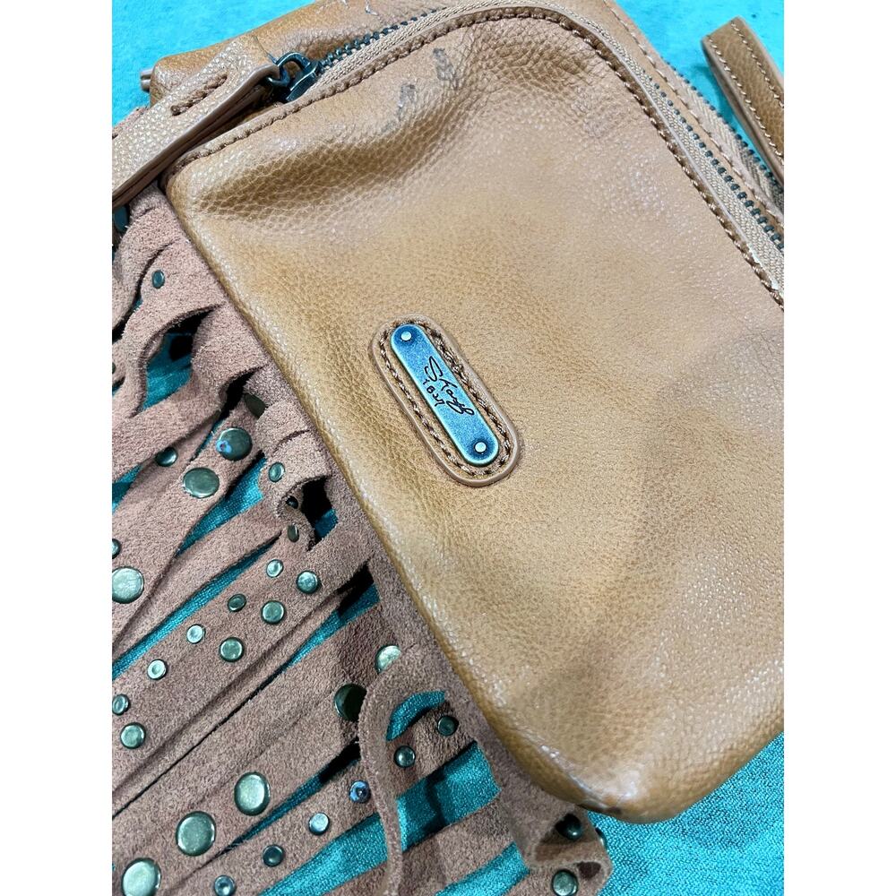 Vintage Sharif Brown/Tan Wristlet Wallet Clutch w/ Suede Fringe Studded Tassels - Picture 8 of 8